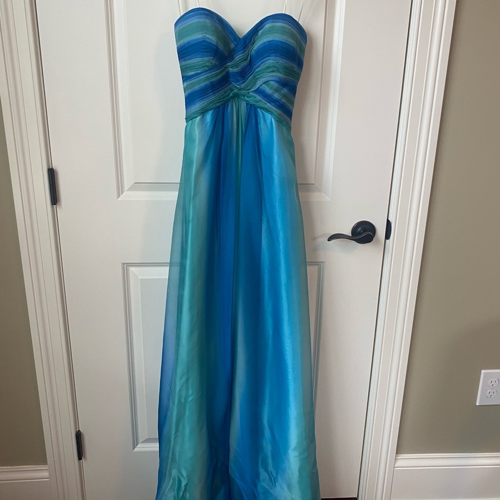 Cache prom dress blue and green tones